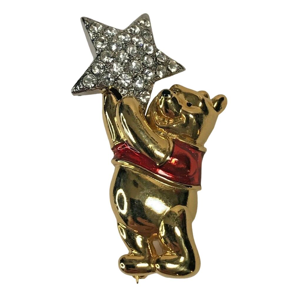 Disney Winnie The Pooh Brooch Gold Red Enamel Rhinestone Star Vintage
